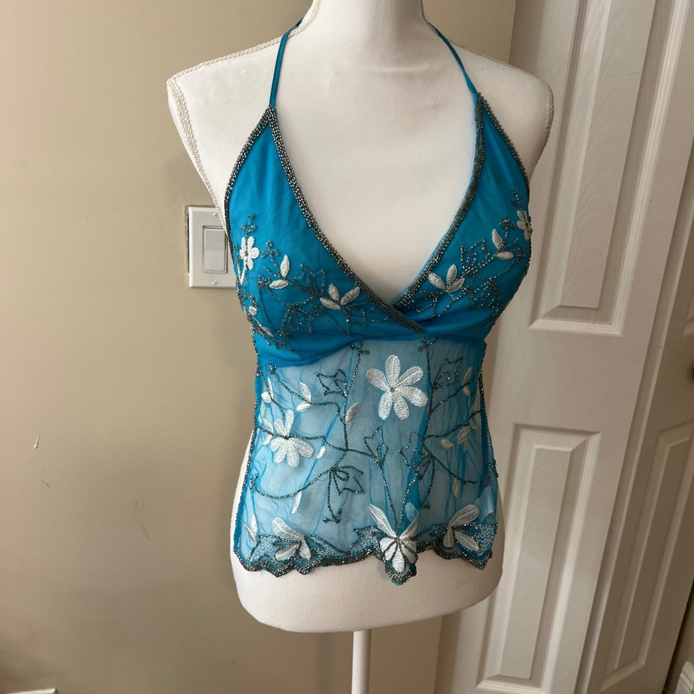 Blue Floral Embroidered Halter Top